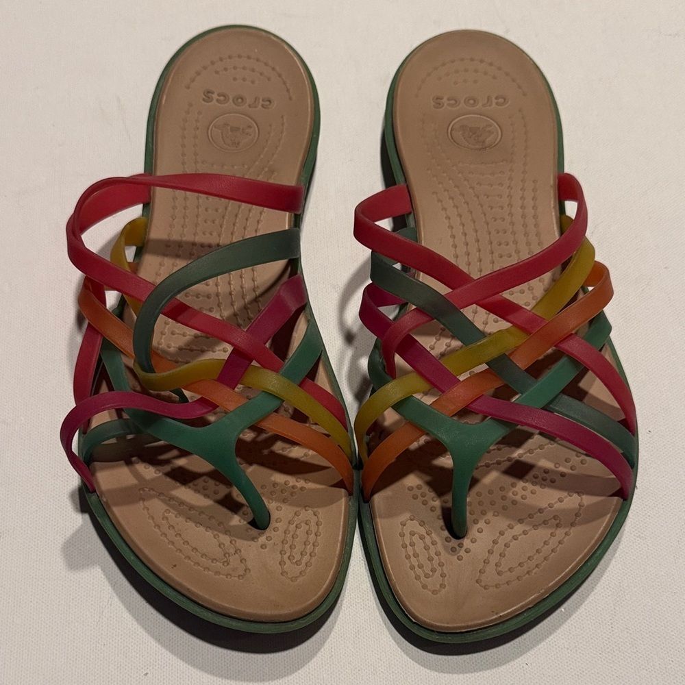 CROCS Women's Multistrap Colorblock Slide Sandal - Green/Red/Yellow/Orange/Brown
